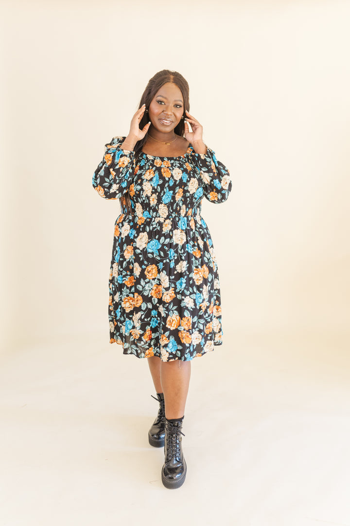 Calista Long Sleve Smocked Short Dress in Black