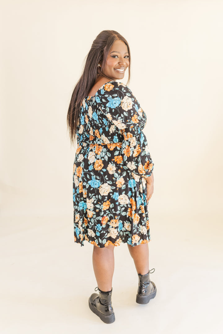 Calista Long Sleve Smocked Short Dress in Black