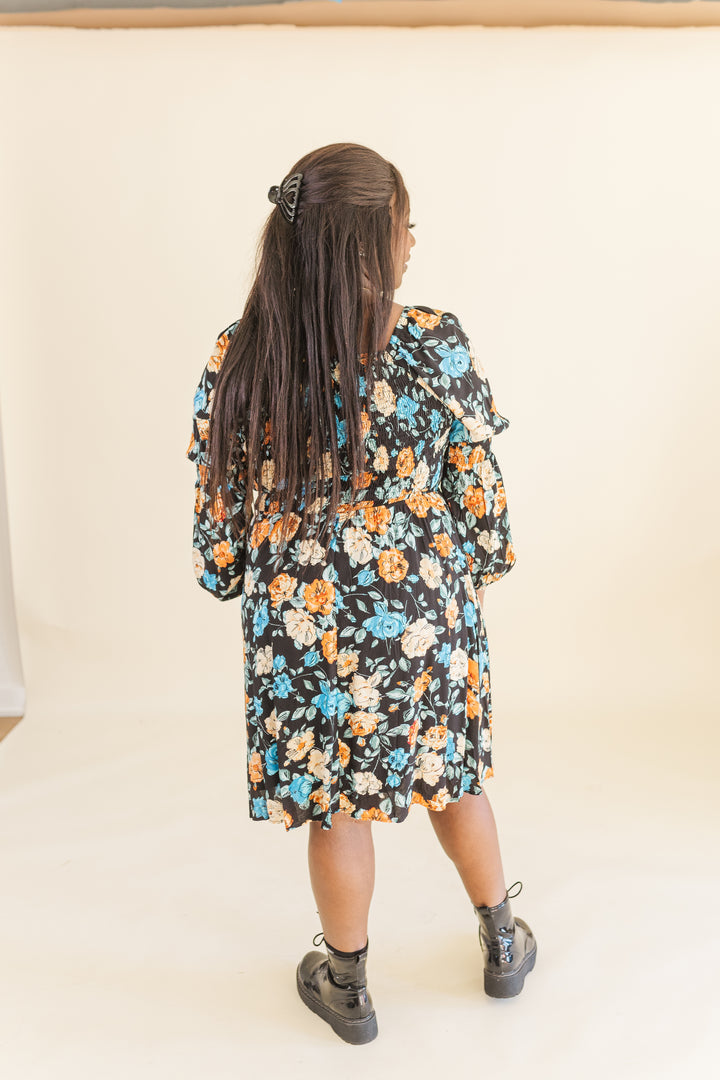 Calista Long Sleve Smocked Short Dress in Black