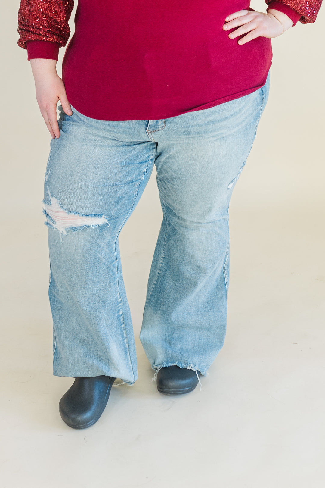 Freya Medium Rise Tummy Control Distressed Flare Judy Blue Jeans in Medium Wash