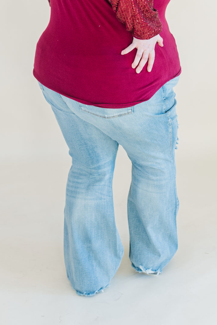 Freya Medium Rise Tummy Control Distressed Flare Judy Blue Jeans in Medium Wash