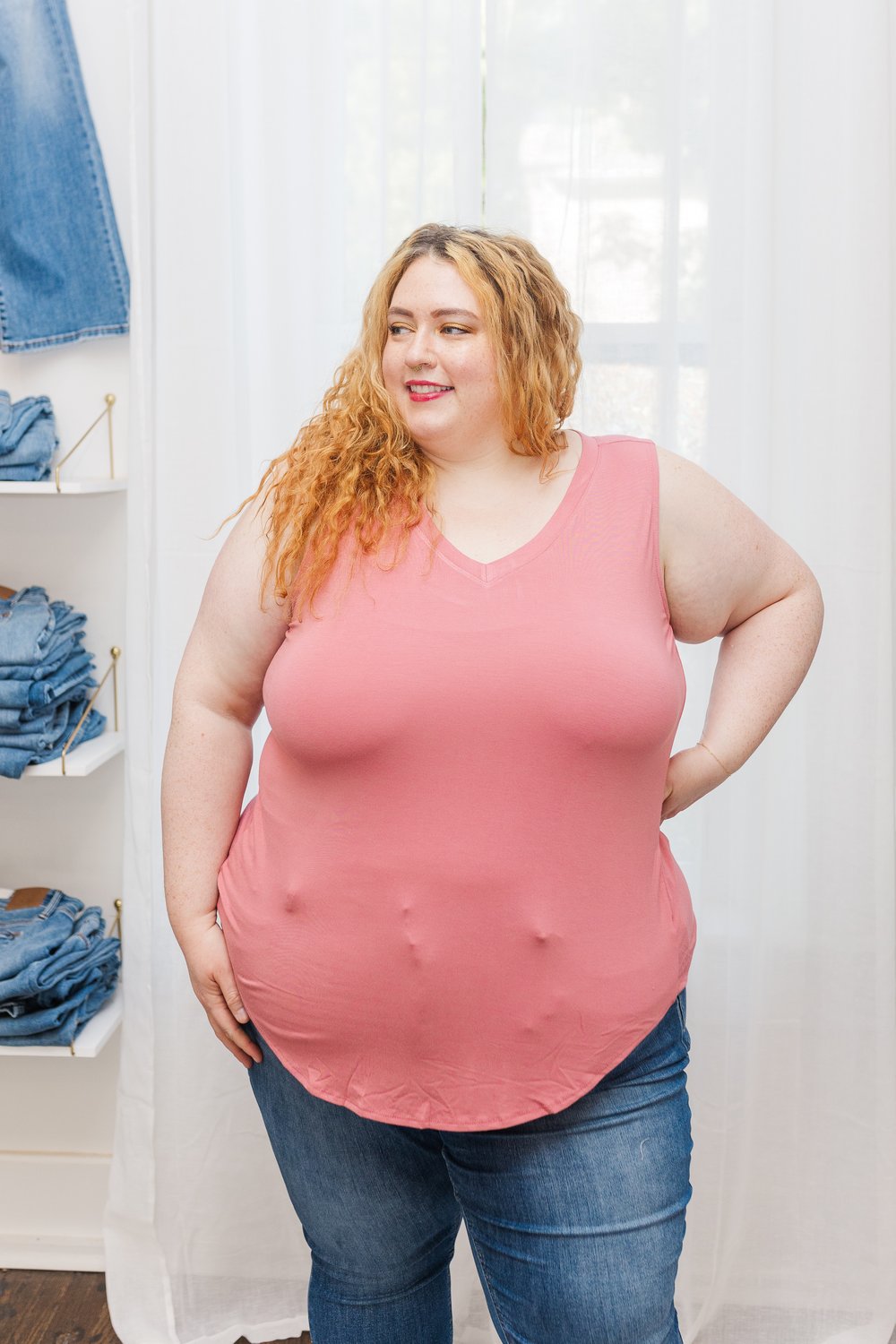 Bianca Luxe Rayon Sleeveless V-Neck Hi-Low Top in Dusty Rose