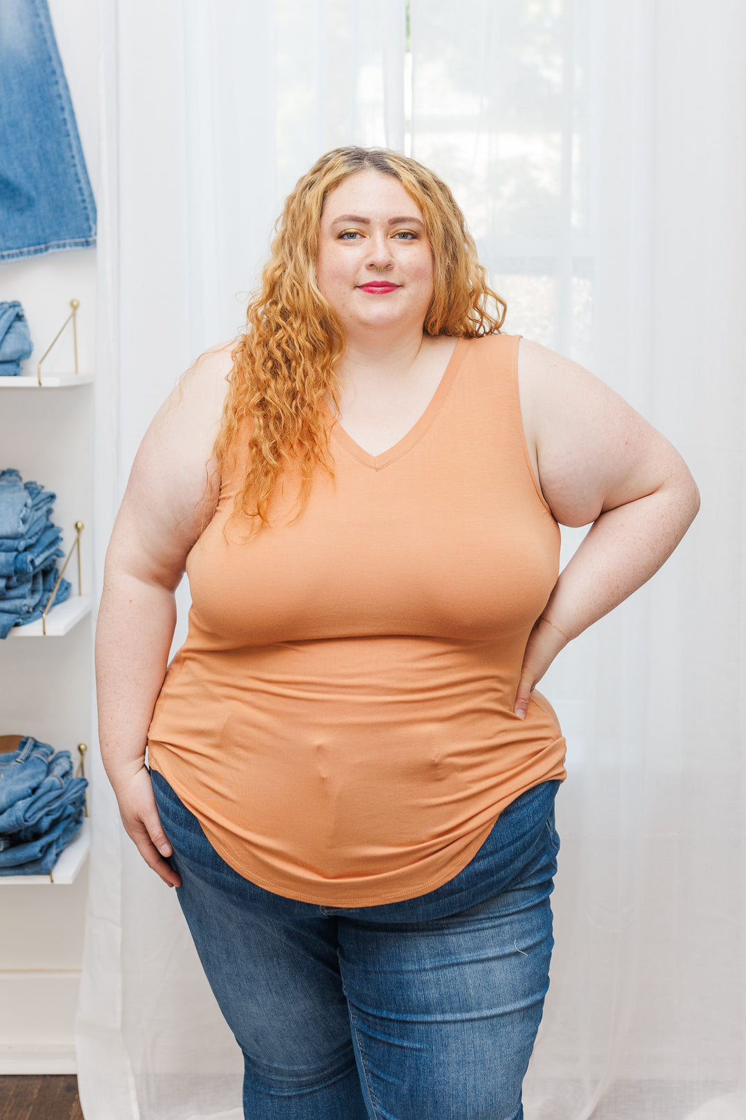 Bianca Luxe Rayon Sleeveless V-Neck Hi-Low Top in Orange
