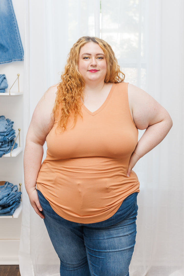 Bianca Luxe Rayon Sleeveless V-Neck Hi-Low Top in Orange