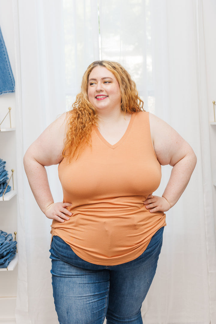 Bianca Luxe Rayon Sleeveless V-Neck Hi-Low Top in Orange
