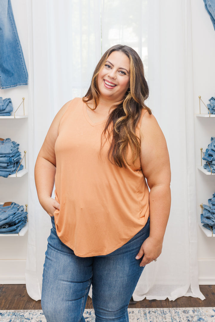 Bianca Luxe Rayon Sleeveless V-Neck Hi-Low Top in Orange