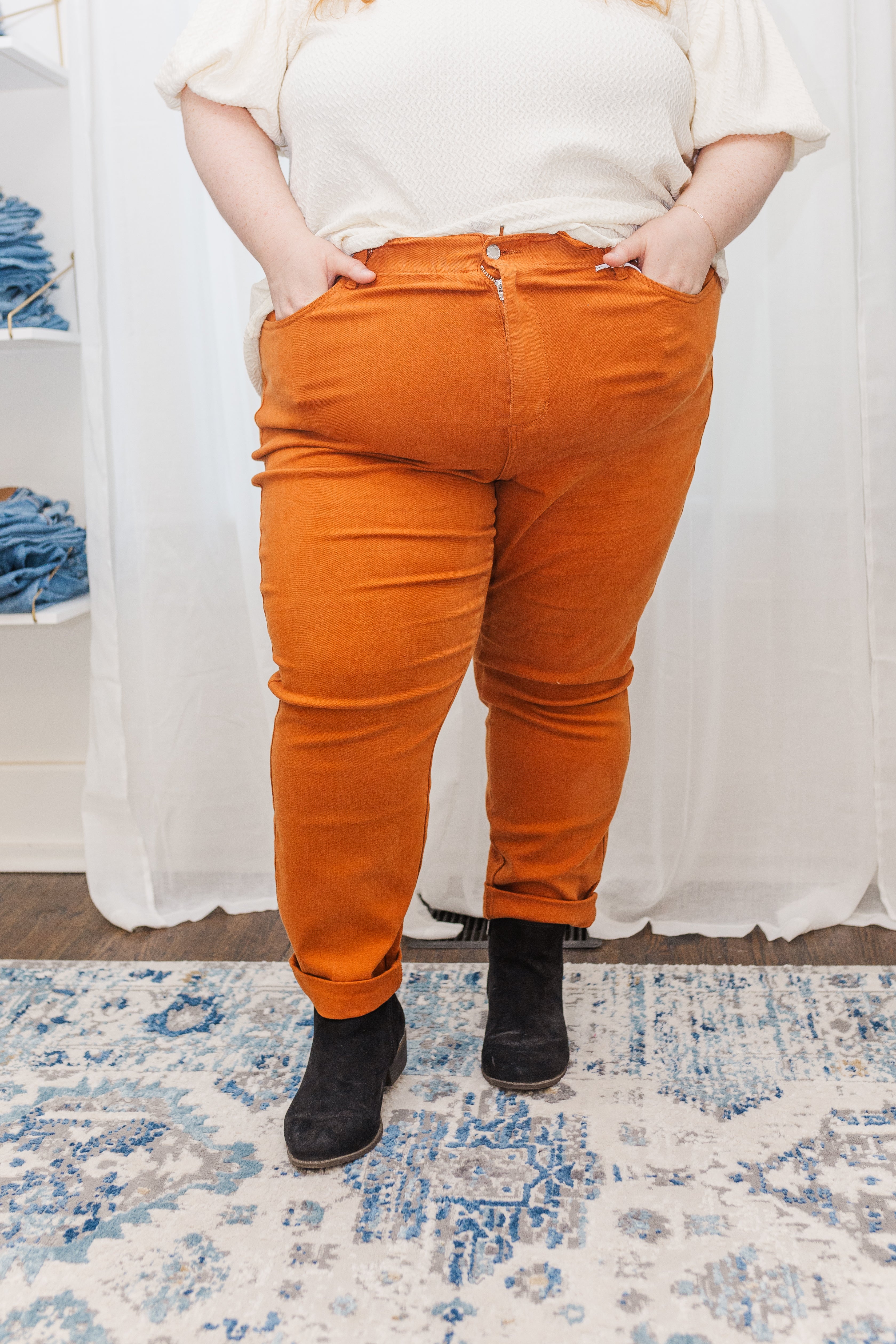 Natalia High Waist Double Roll Cuff Judy Blue Joggers in Orange Ari Ava