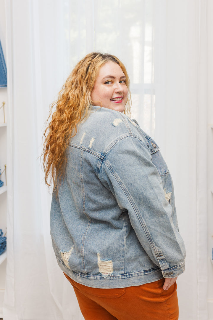 Roxie Distressed Trucker Denim Jacket in Medium Wash