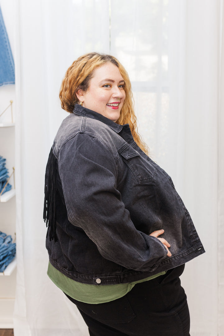 Tyla Cropped Rhinestone Denim Jacket With Fringe Detail