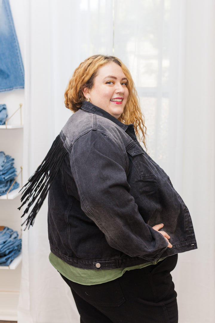 Tyla Cropped Rhinestone Denim Jacket With Fringe Detail