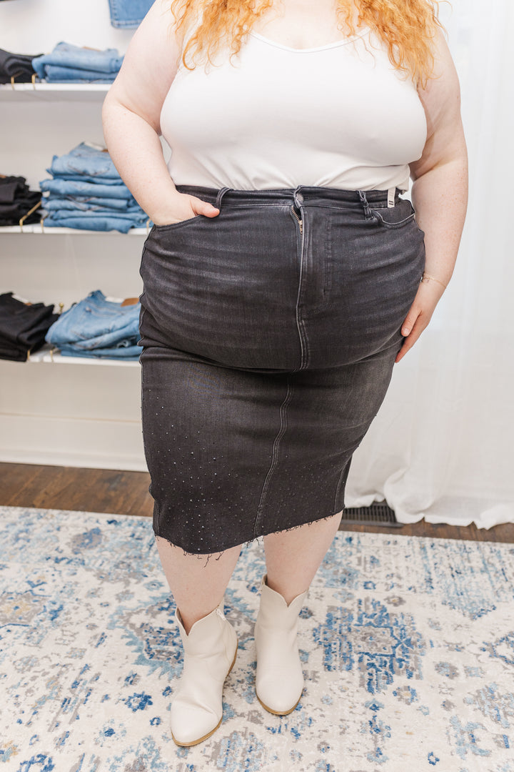 Gabriella High Waist Judy Blue Rhinestone Embellished Mid Length Skirt In Black