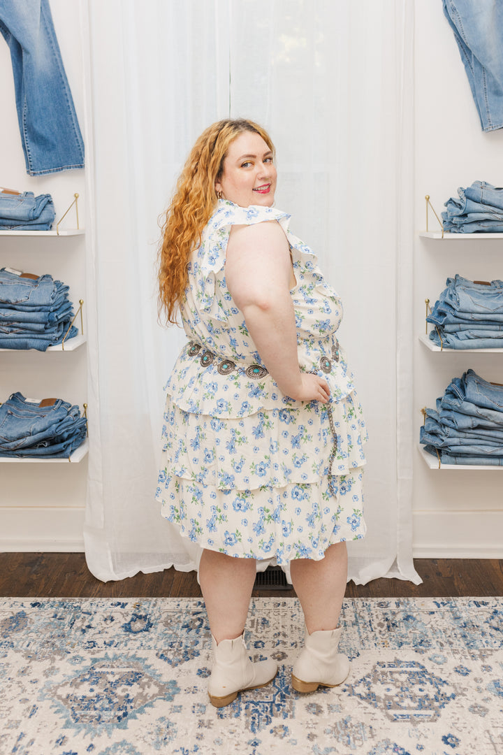 Chrissy Ruffled Sleeveless Dress In Cream and Blue Floral