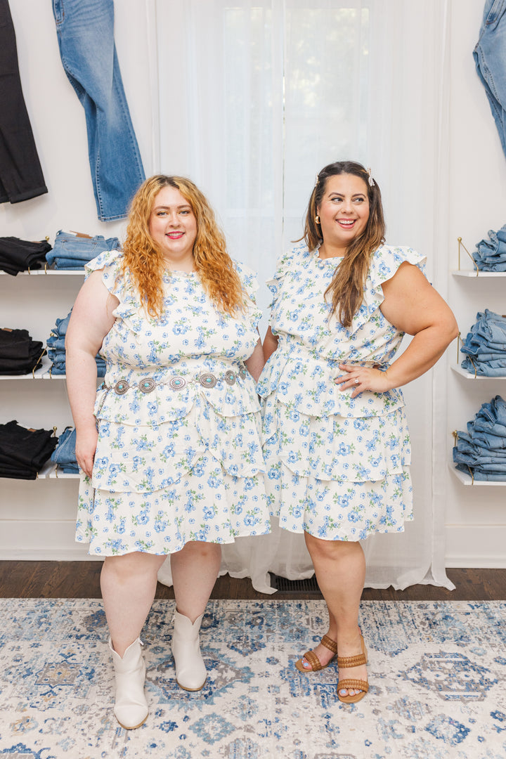 Chrissy Ruffled Sleeveless Dress In Cream and Blue Floral
