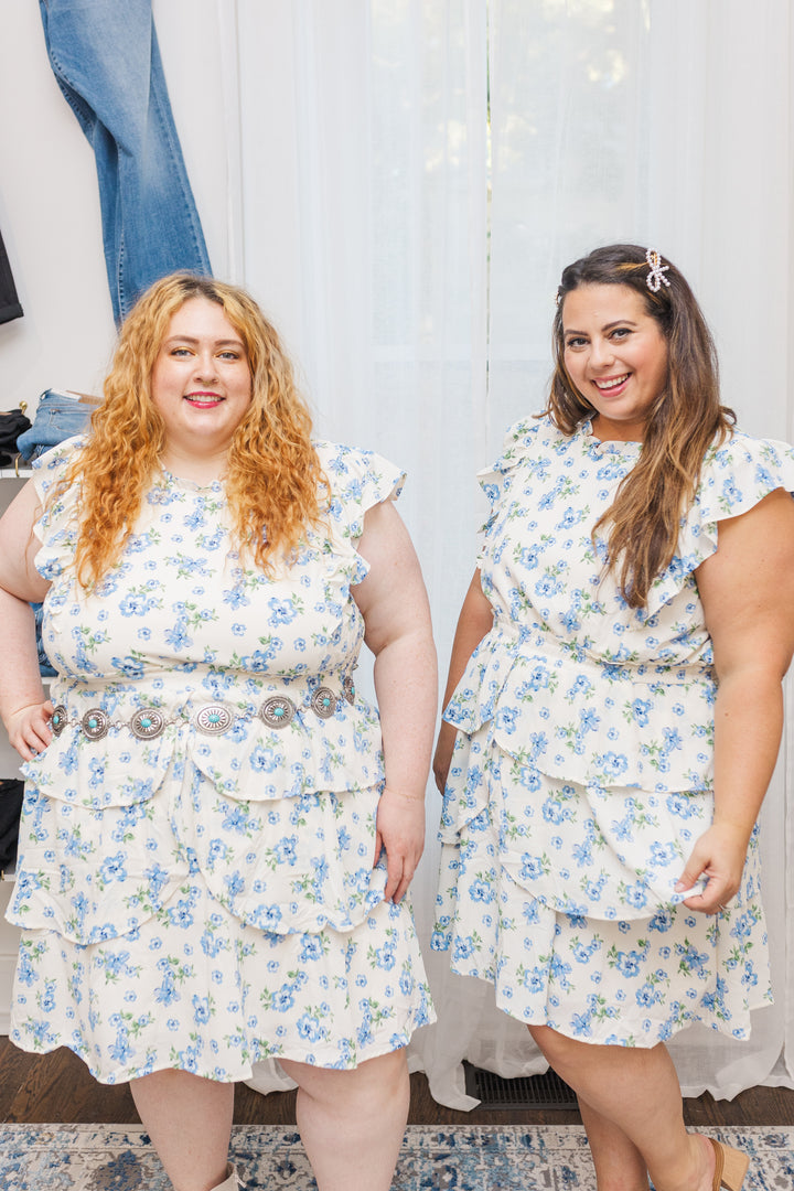 Chrissy Ruffled Sleeveless Dress In Cream and Blue Floral