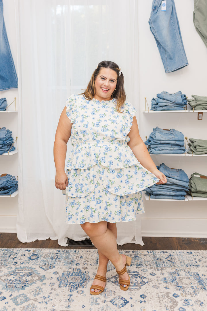 Chrissy Ruffled Sleeveless Dress In Cream and Blue Floral