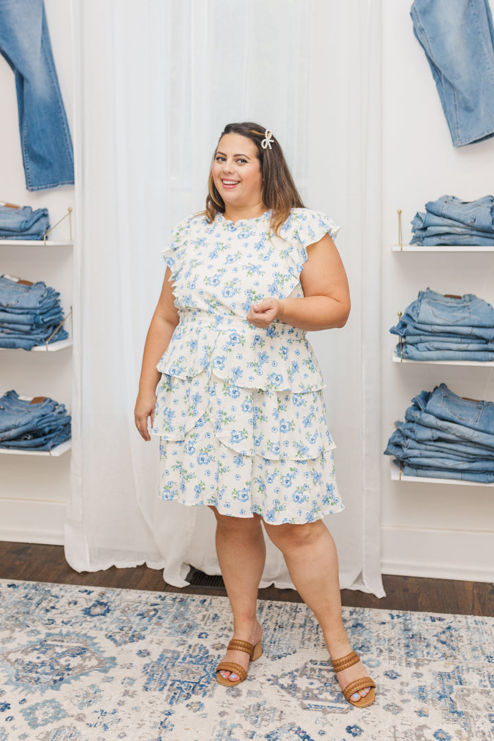 Chrissy Ruffled Sleeveless Dress In Cream and Blue Floral