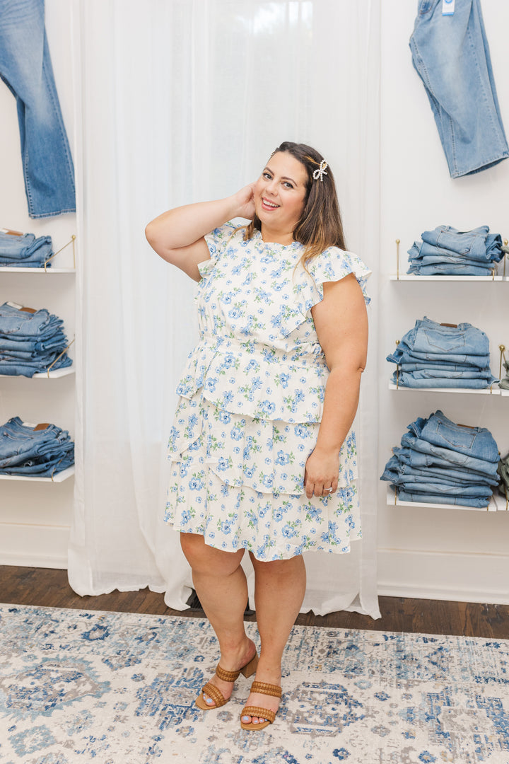 Chrissy Ruffled Sleeveless Dress In Cream and Blue Floral
