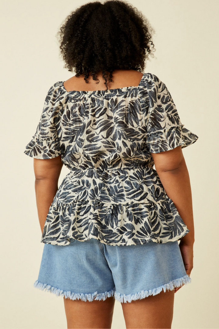 Joyce Botanical Print Smocked Square Neck Peplum Top in Ivory Mix