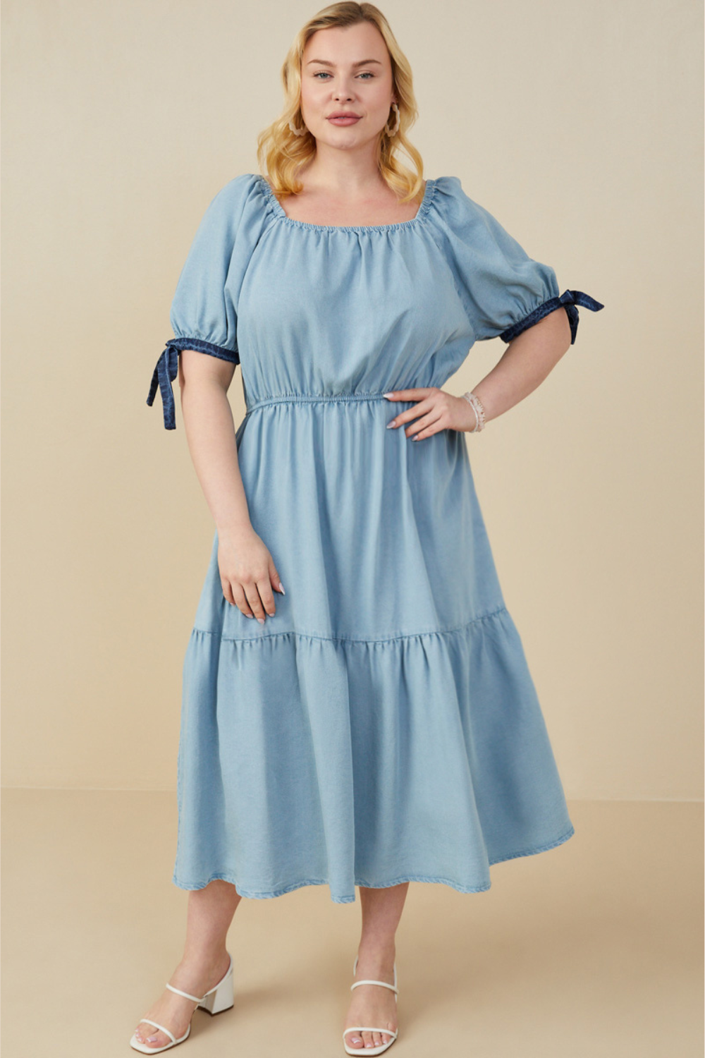 tie sleeve midi dress Odessa Tie Sleeve Midi Dress in Light Denim