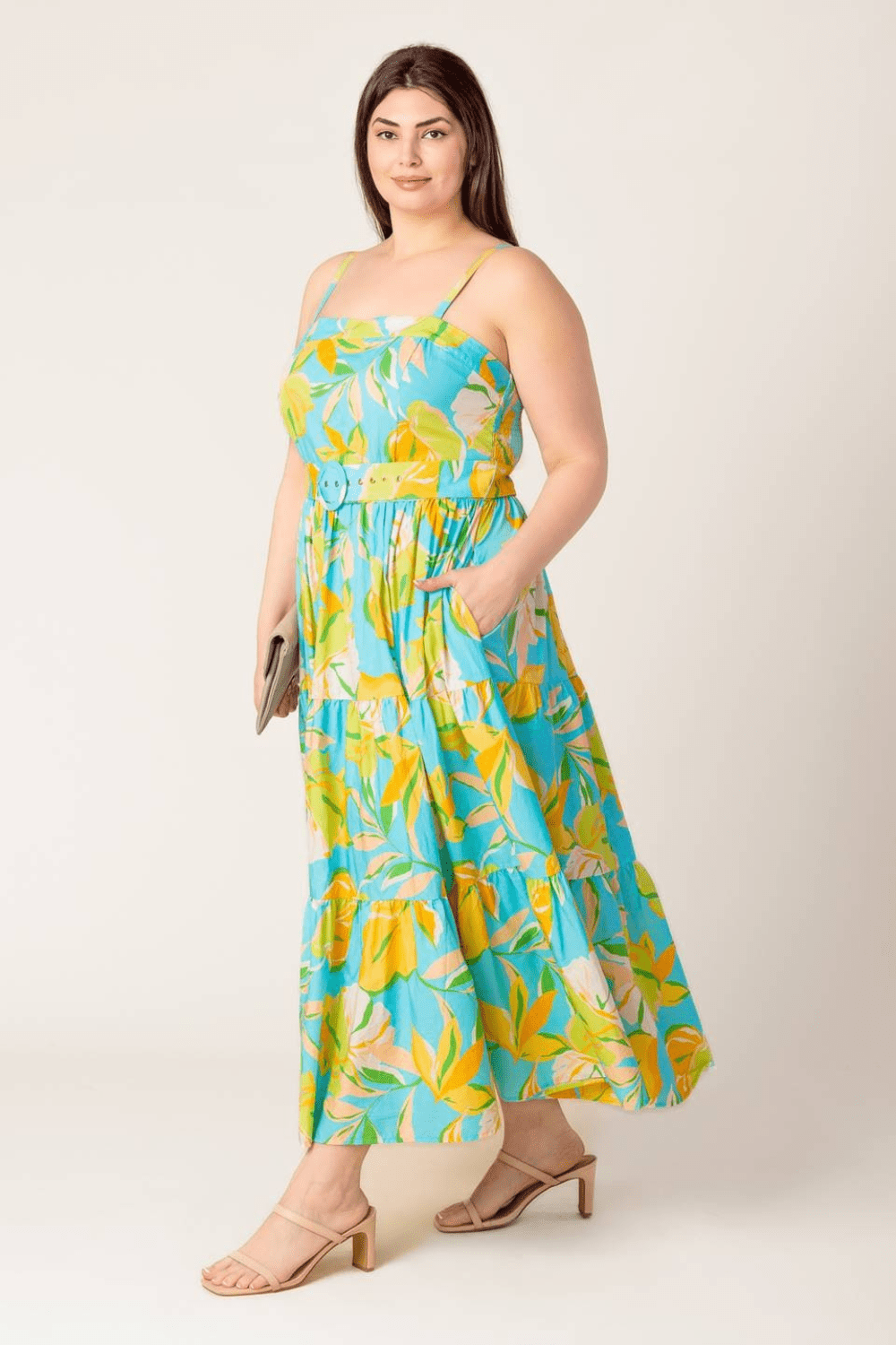 Adrianna Printed Woven Midi Dress with Belt in Mint - FINAL SALE