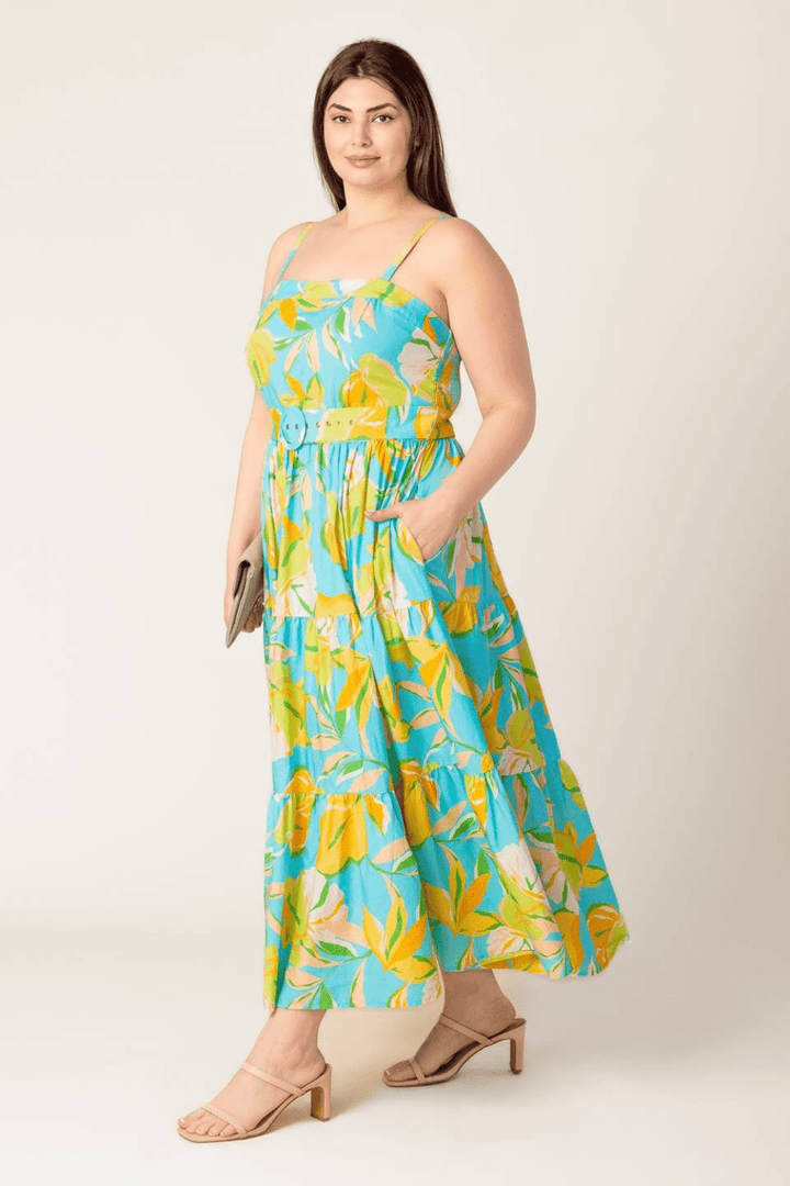 Adrianna Printed Woven Midi Dress with Belt in Mint - FINAL SALE