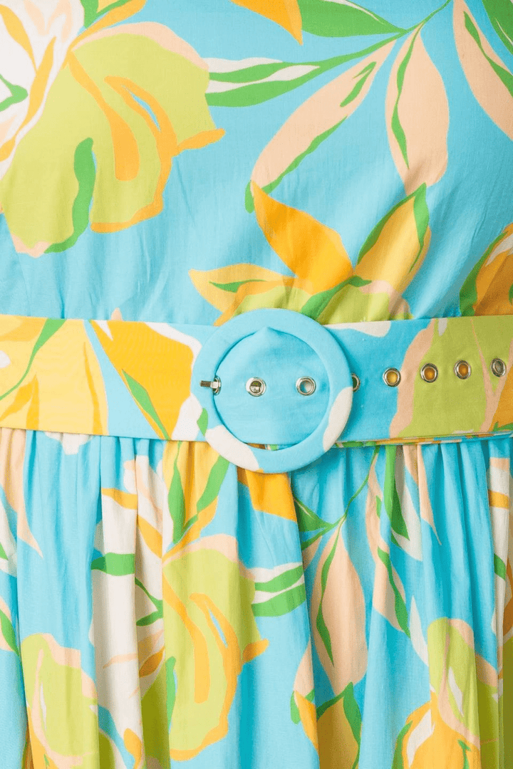 Adrianna Printed Woven Midi Dress with Belt in Mint - FINAL SALE