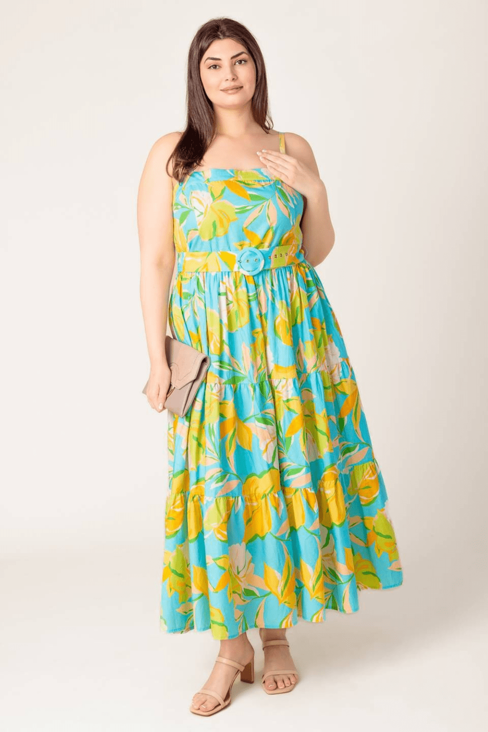 Adrianna Printed Woven Midi Dress with Belt in Mint - FINAL SALE