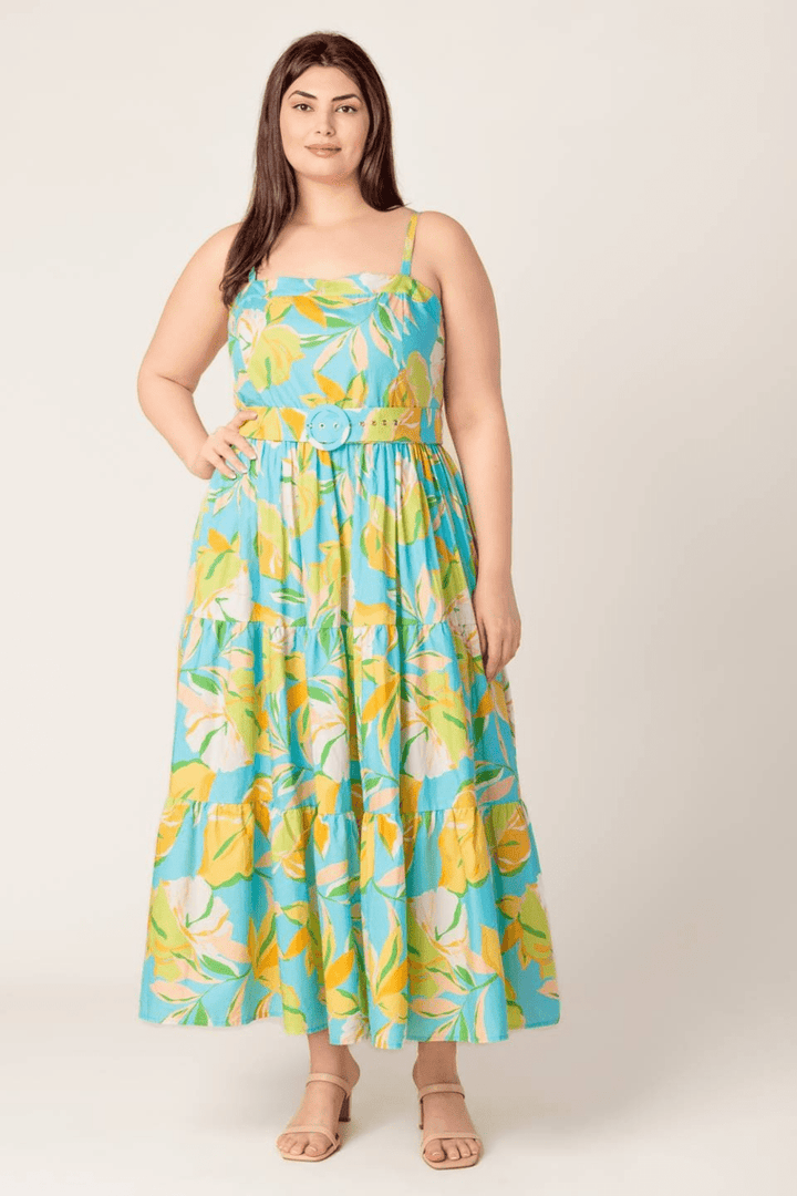 Adrianna Printed Woven Midi Dress with Belt in Mint - FINAL SALE