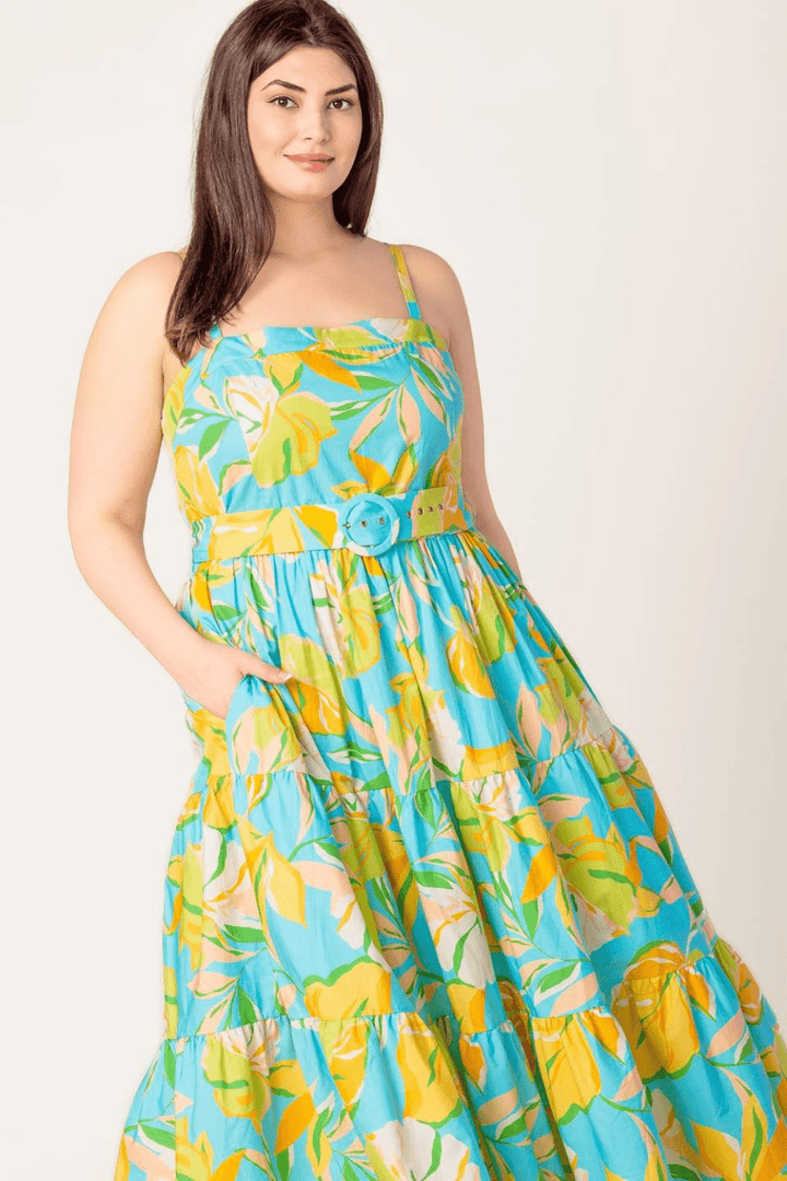 Adrianna Printed Woven Midi Dress with Belt in Mint - FINAL SALE