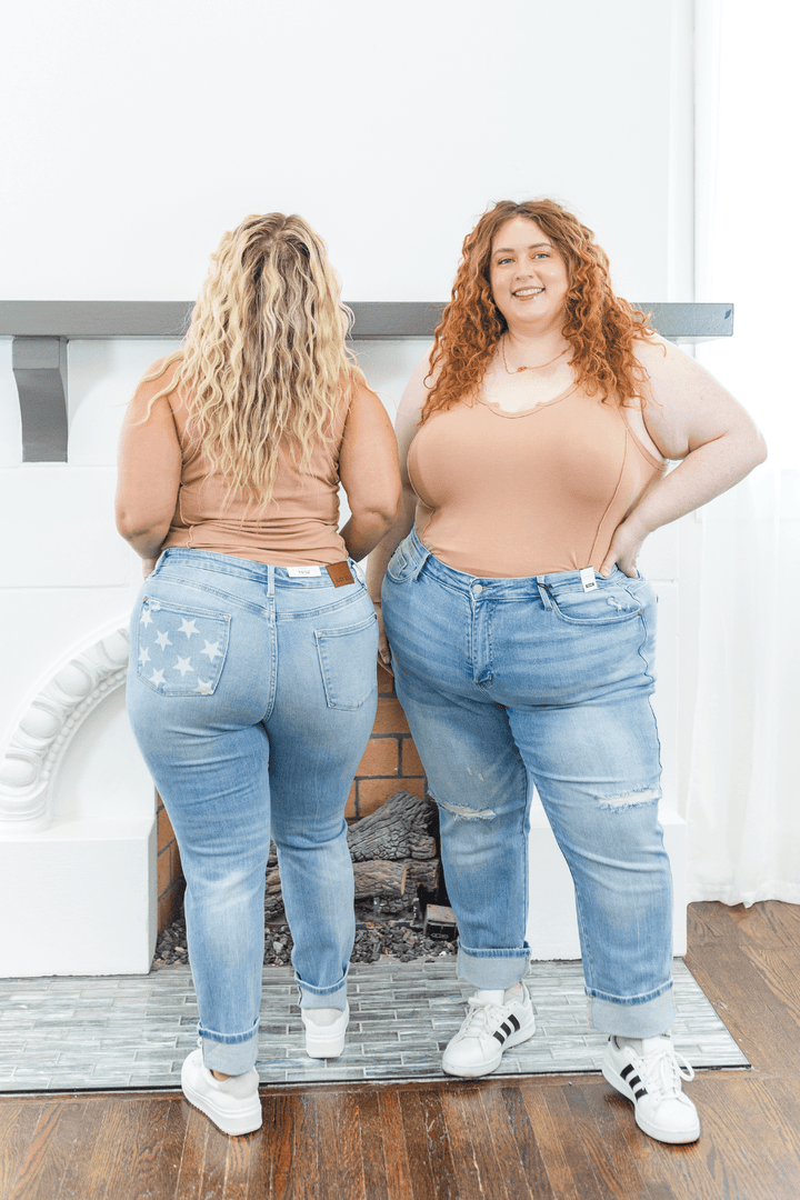 Alexandra Mid Rise Distressed Boyfriend Judy Blue Jeans With Star Detail in Light Wash - FINAL SALE