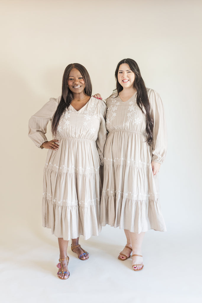 Allie Long Sleeve Embroidered Midi Dress in Beige – Ari + Ava