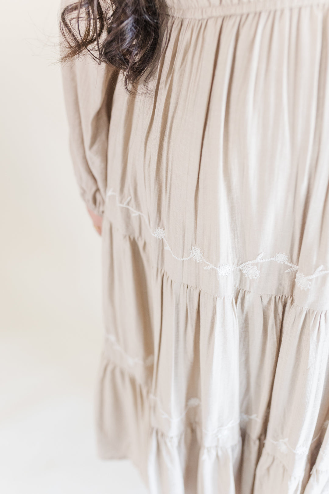 Allie Long Sleeve Embroidered Midi Dress in Beige