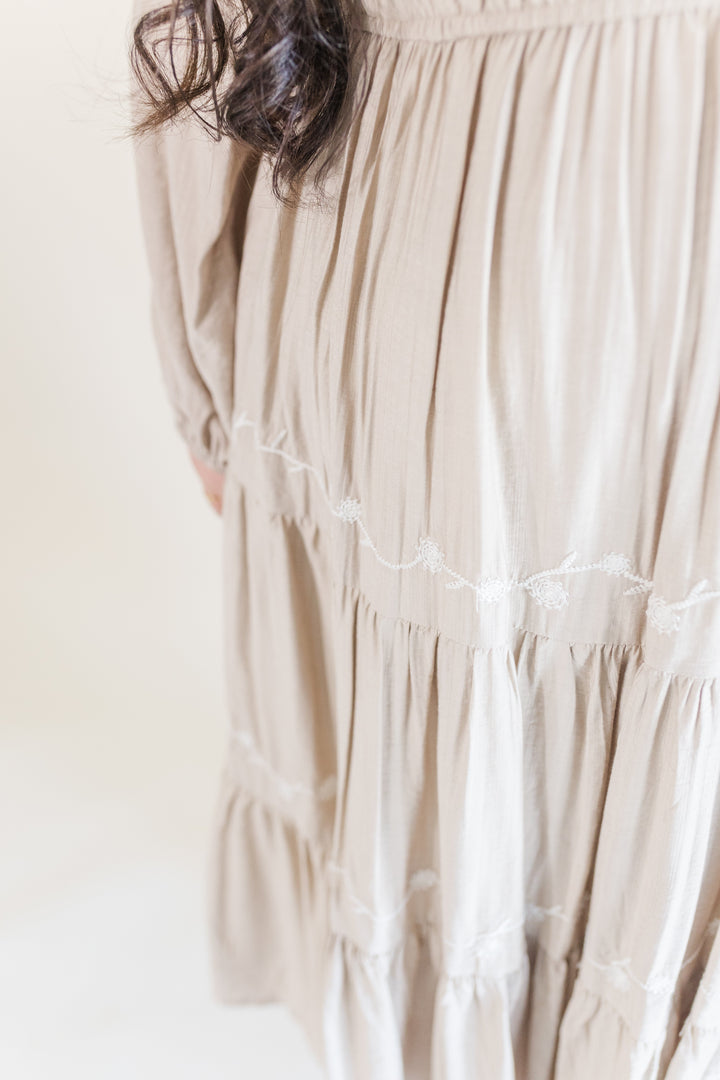 Allie Long Sleeve Embroidered Midi Dress in Beige