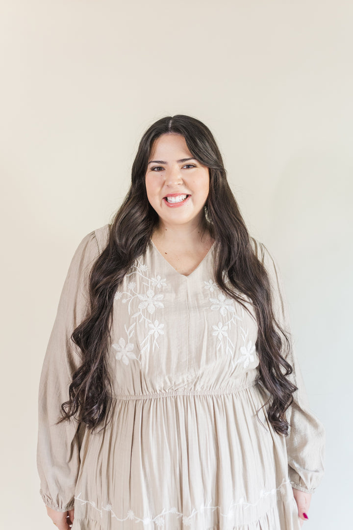 Allie Long Sleeve Embroidered Midi Dress in Beige