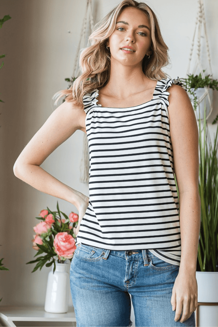 Amira Ruffle Strap Striped Sleeveless Square Neck Top in Ivory