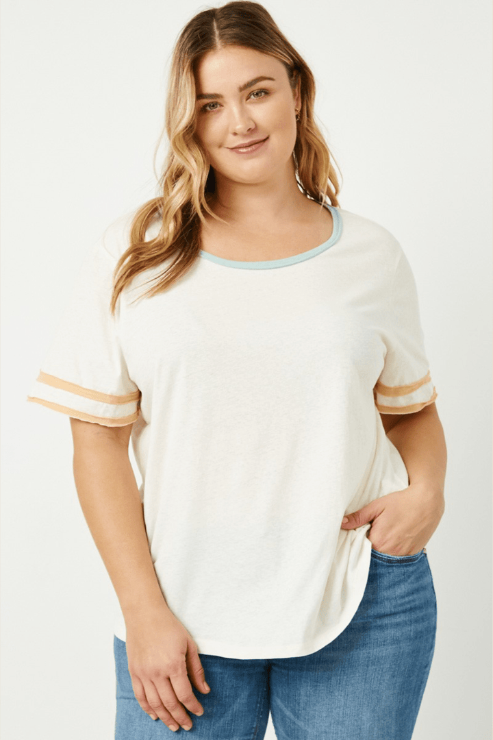Astrid Stripe Sleeve Knit Tee in Off White