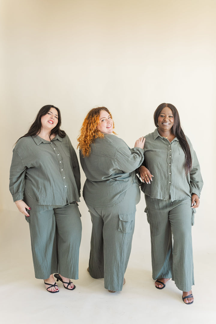 Bea Long Sleeve Button Up Gauze Top in Olive