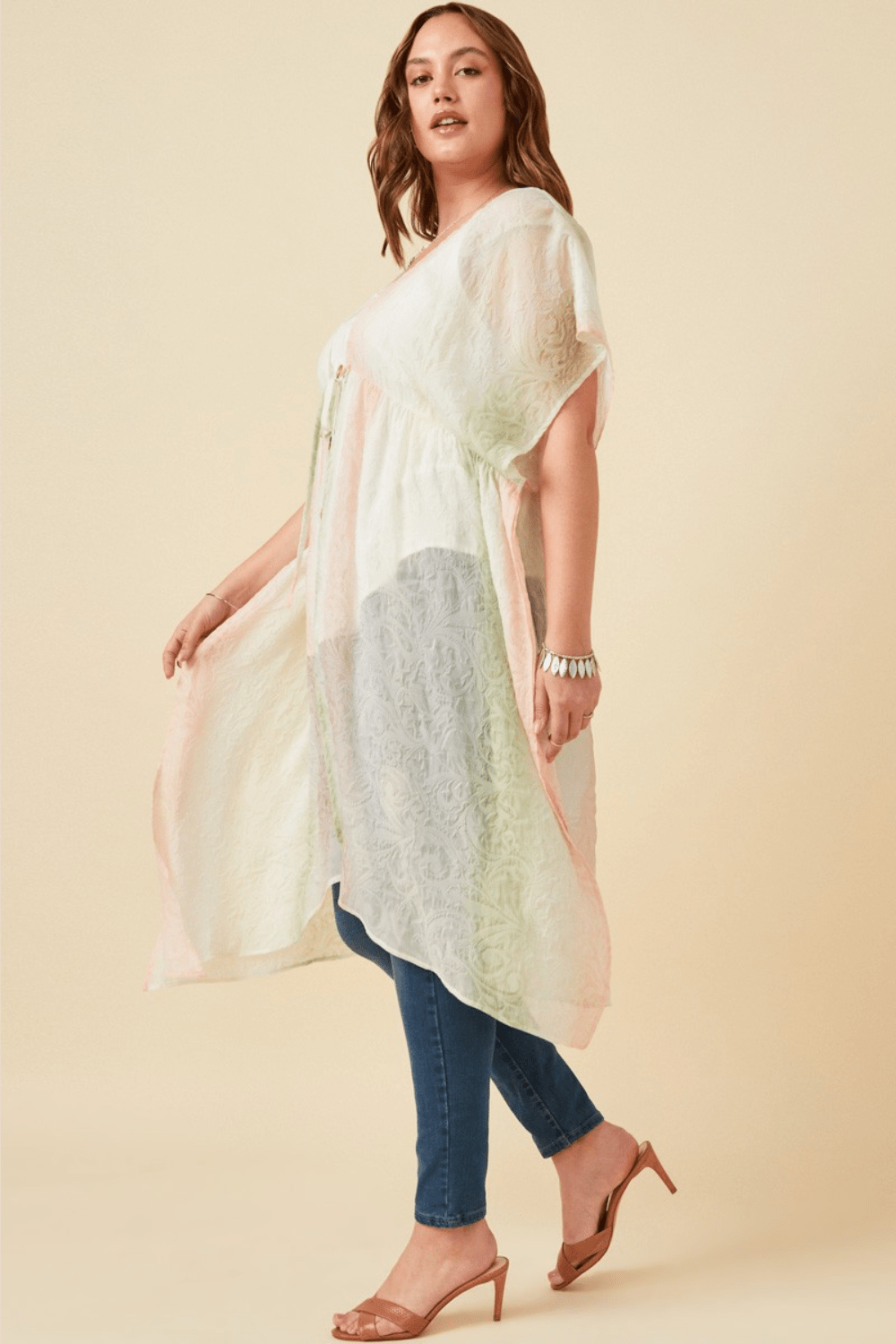 Beatrice Ombre Printed Chiffon Flowy Kimono With Tie Closure in Blush Beatrice Ombre Printed Chiffon Flowy Kimono With Tie Closure in Blush