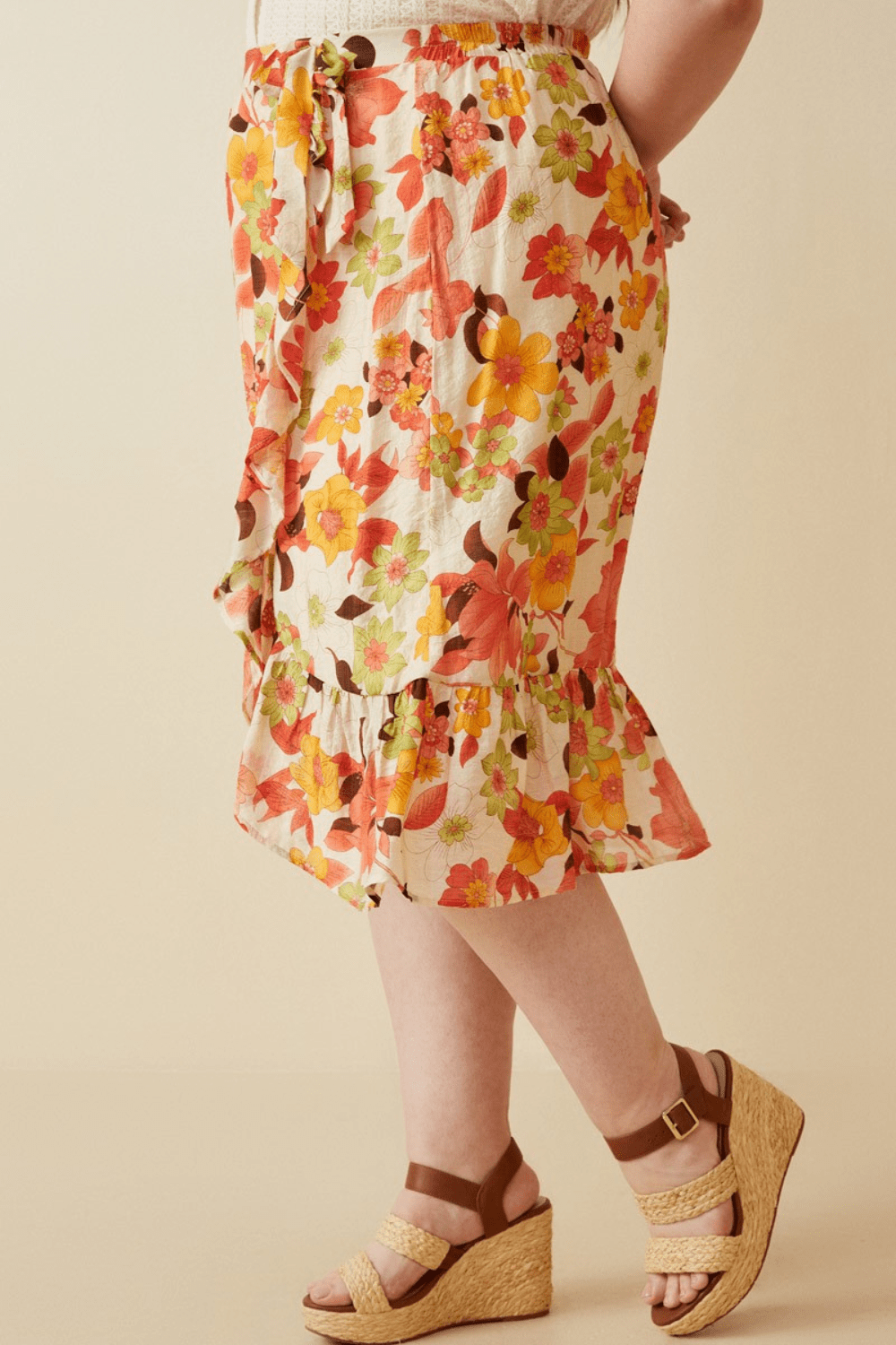 Bethany Asymmetrical Floral Ruffle Tie Skirt in Orange Floral