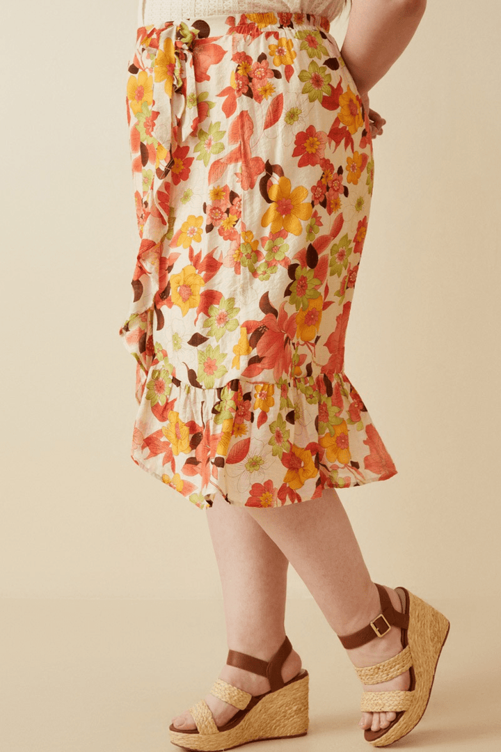 Bethany Asymmetrical Floral Ruffle Tie Skirt in Orange Floral