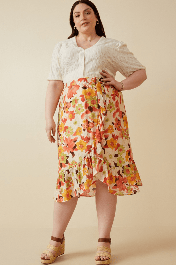 Bethany Asymmetrical Floral Ruffle Tie Skirt in Orange Floral