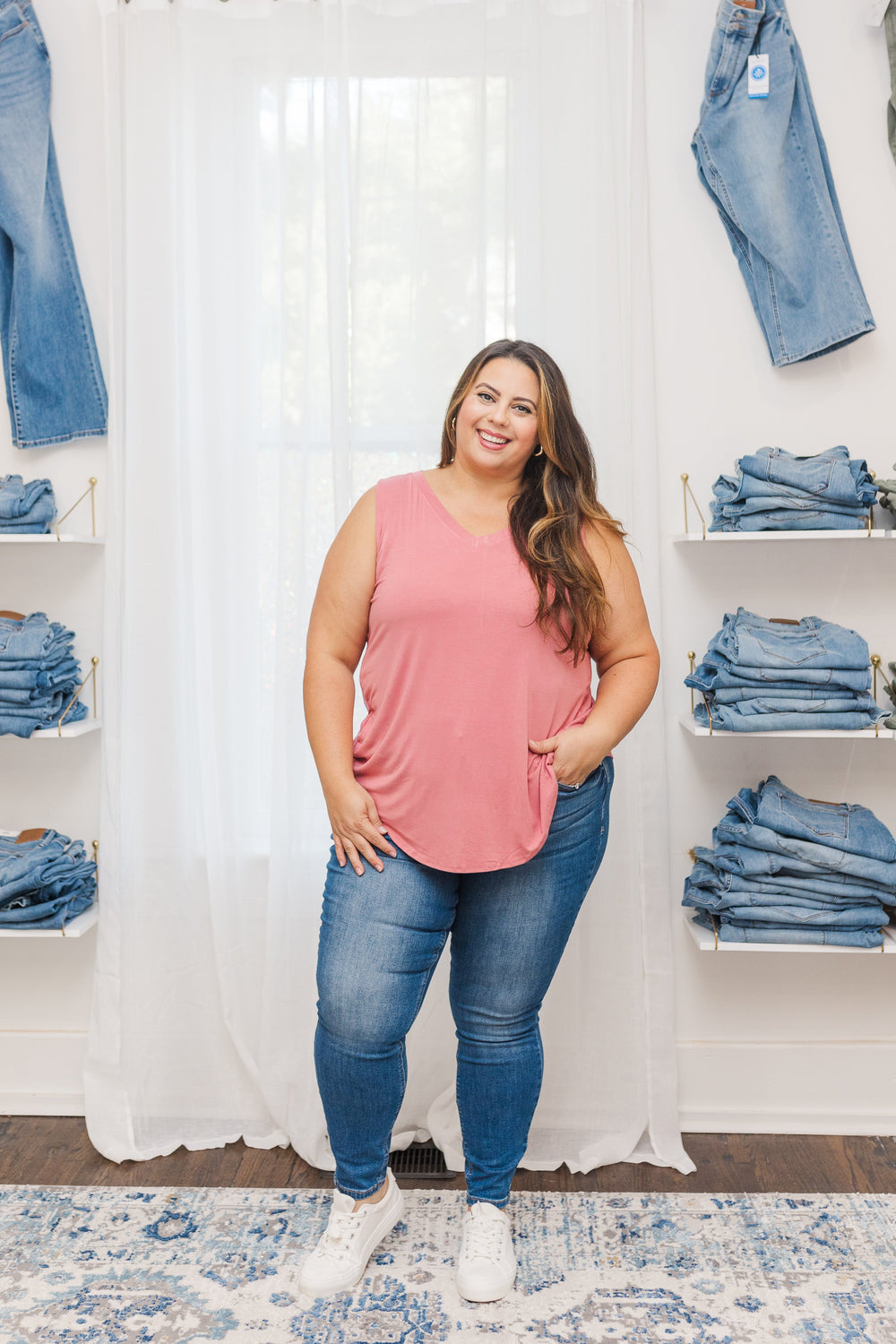 Bianca Luxe Rayon Sleeveless V-Neck Hi-Low Top in Dusty Rose
