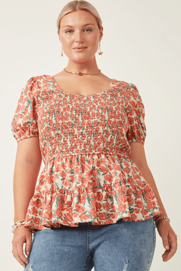 Cadence Smocked Puff Sleeve Peplum Short Sleeve Top in Coral - FINAL SALE