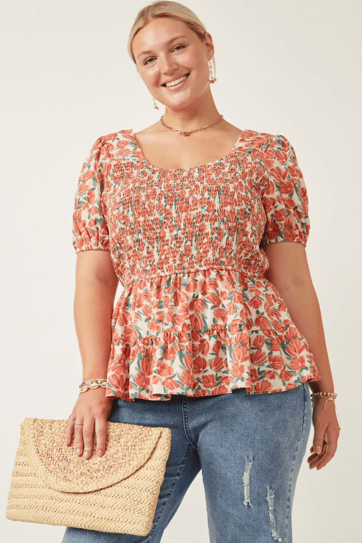 Cadence Smocked Puff Sleeve Peplum Short Sleeve Top in Coral - FINAL SALE