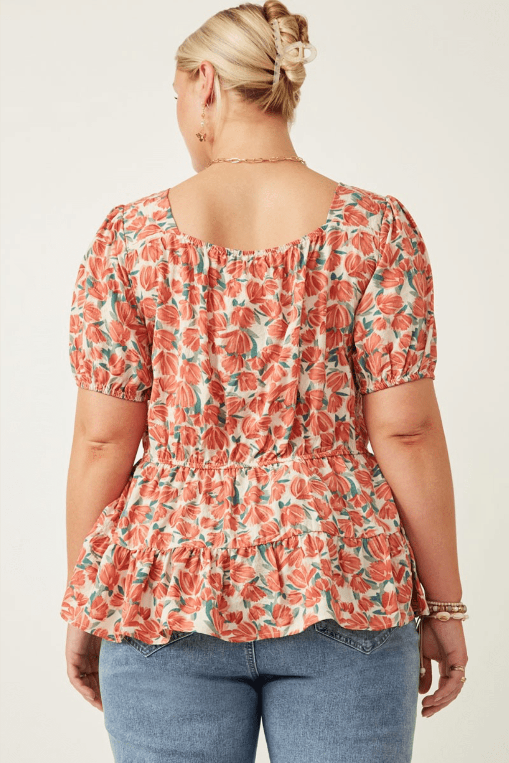 Cadence Smocked Puff Sleeve Peplum Short Sleeve Top in Coral - FINAL SALE