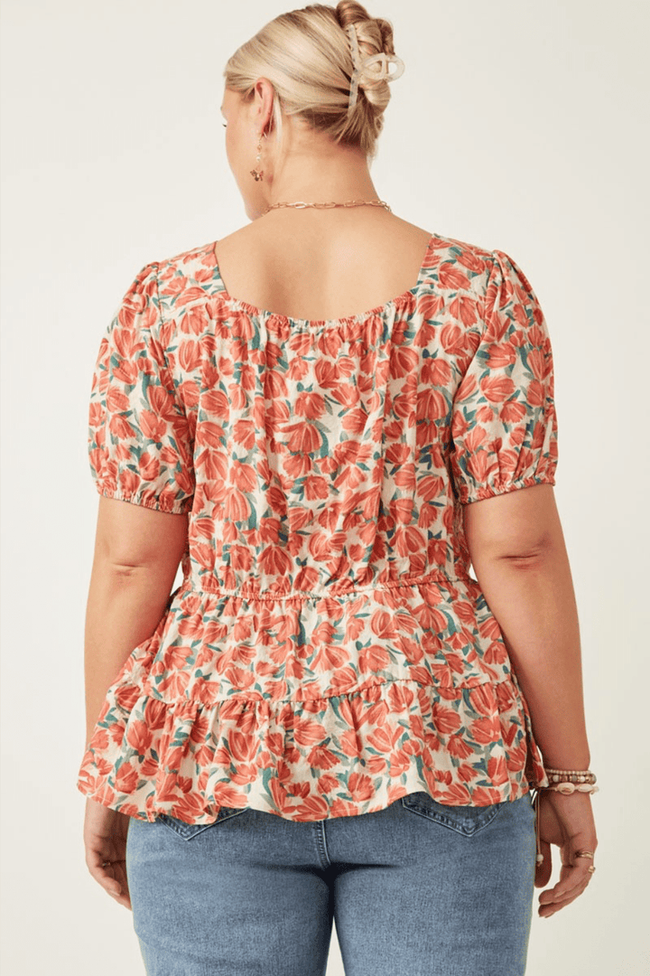 Cadence Smocked Puff Sleeve Peplum Short Sleeve Top in Coral - FINAL SALE