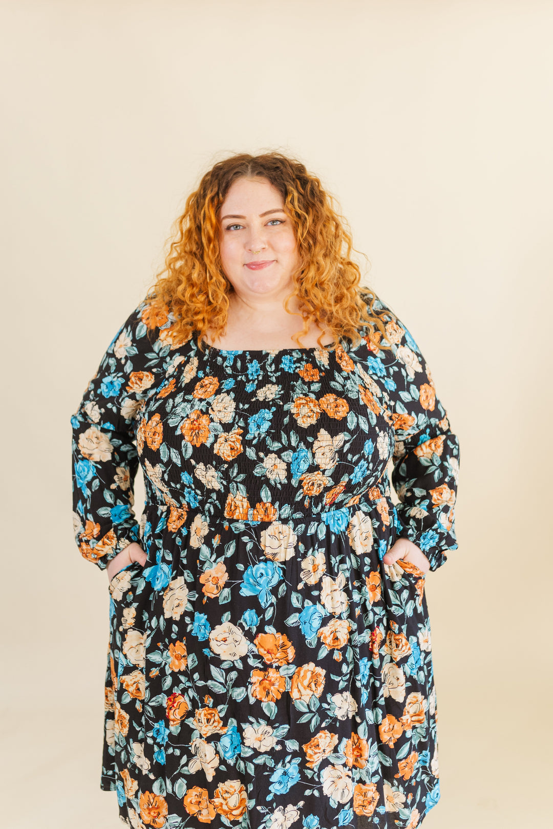 Calista Long Sleve Smocked Short Dress in Black