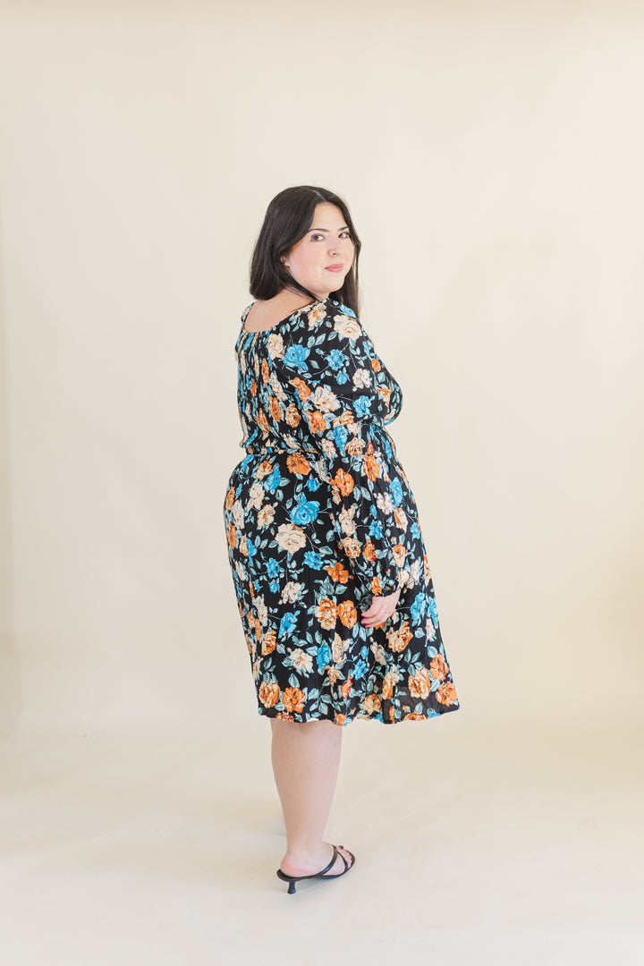 Calista Long Sleve Smocked Short Dress in Black