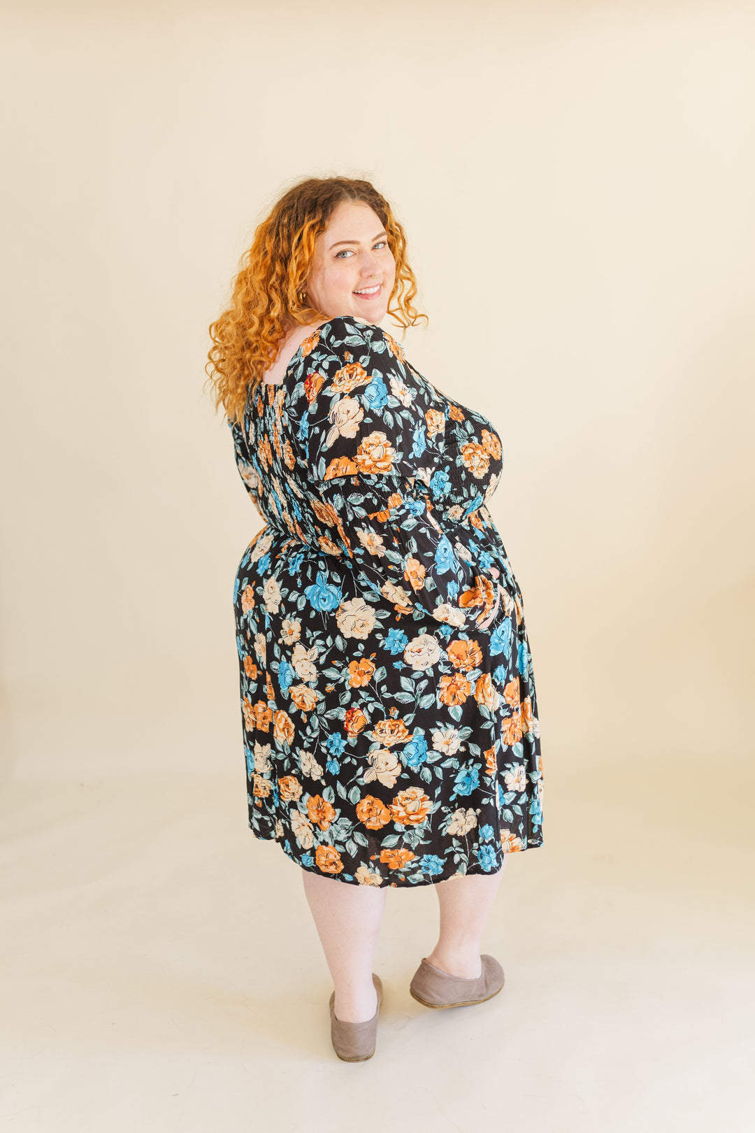Calista Long Sleve Smocked Short Dress in Black