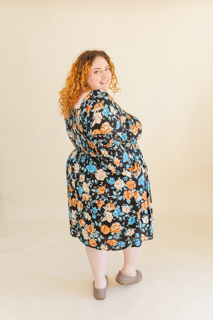 Calista Long Sleve Smocked Short Dress in Black
